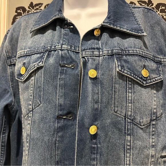 MICHAEL KORS MK Logo Cropped Stretch Denim Jean Jacket S Blue Gold Buttons M - Picture 3 of 12